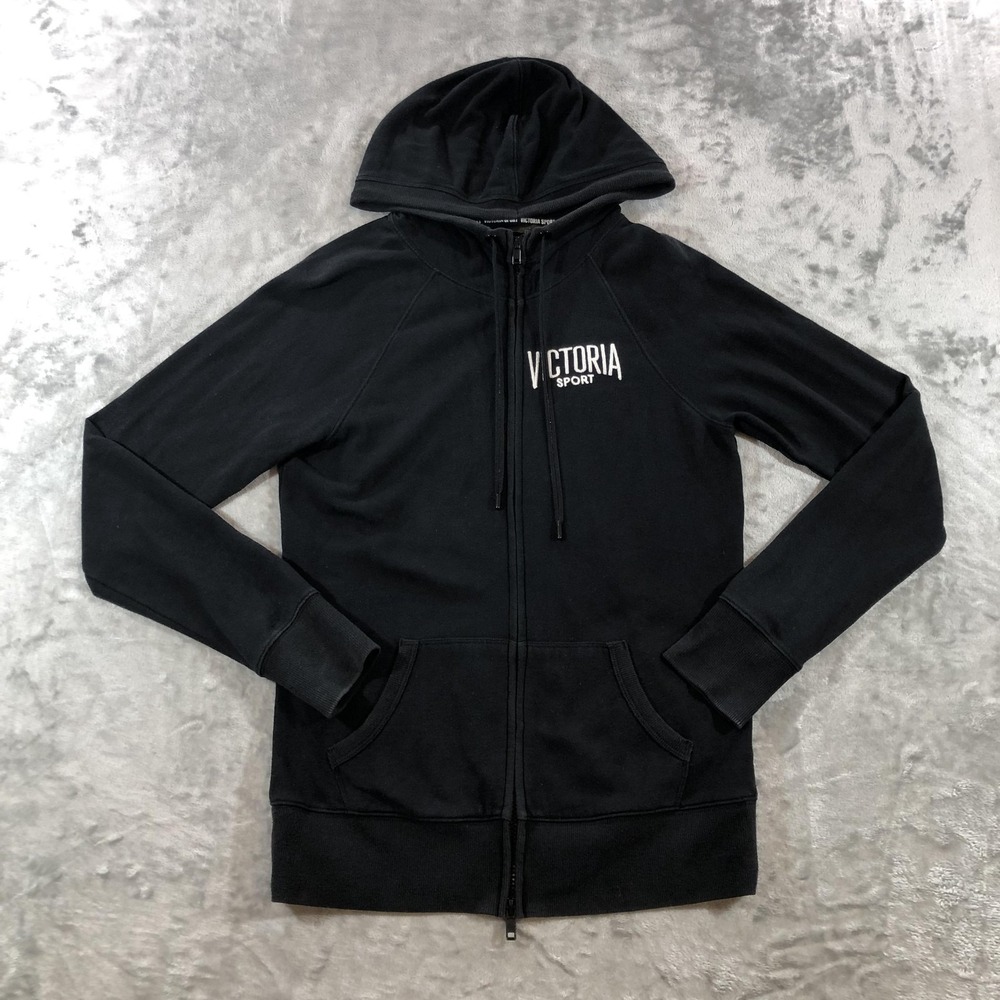 Victoria Sport Hoodie Sweatshirt Womens Small Black Full Zip Embroidered Fleece